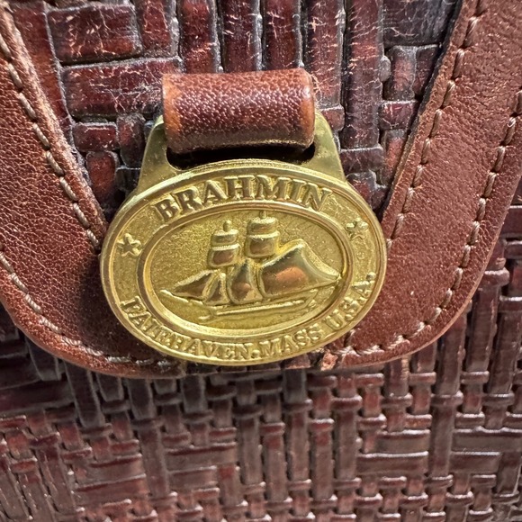 Brahmin‎ Woven Basketweave Leather Shoulder Bag Dark Brown Flap Vintage Satchel - Picture 3 of 10